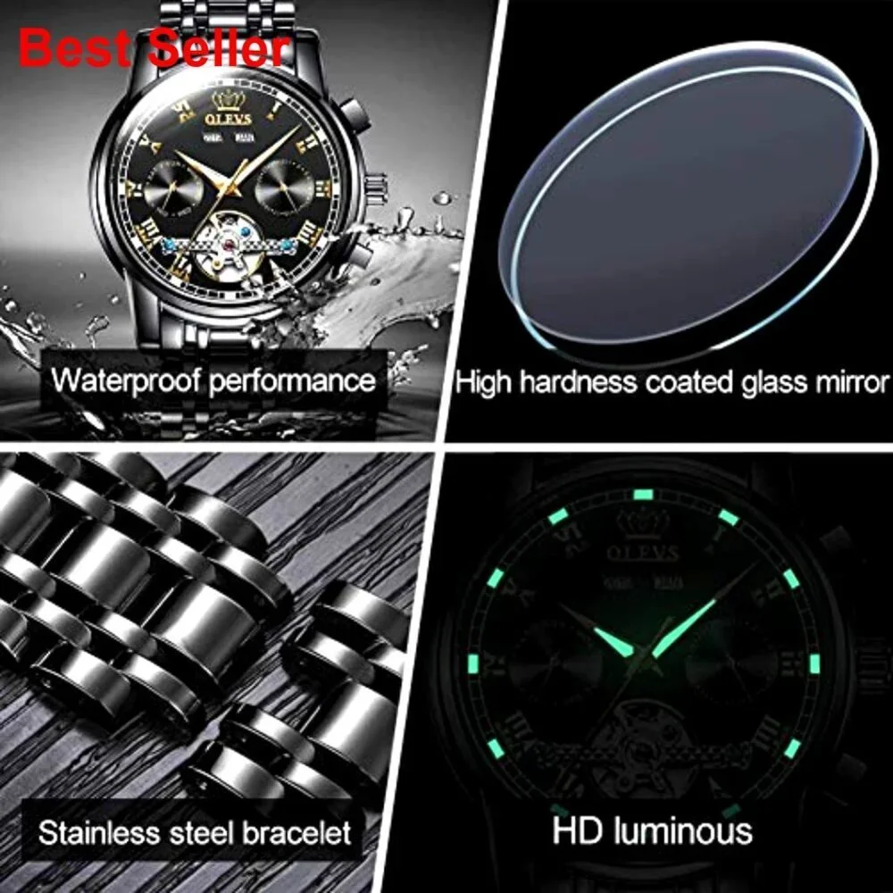Automatic Mechanical Tourbillon Watch, Stainless Steel, Waterproof, Luminous